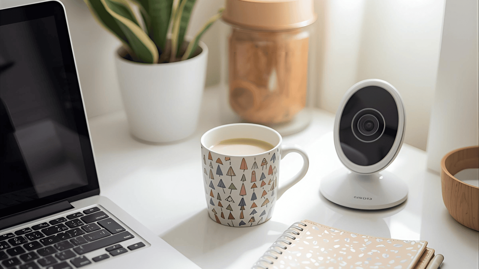 a laptop computer and a cup of coffee on a desk