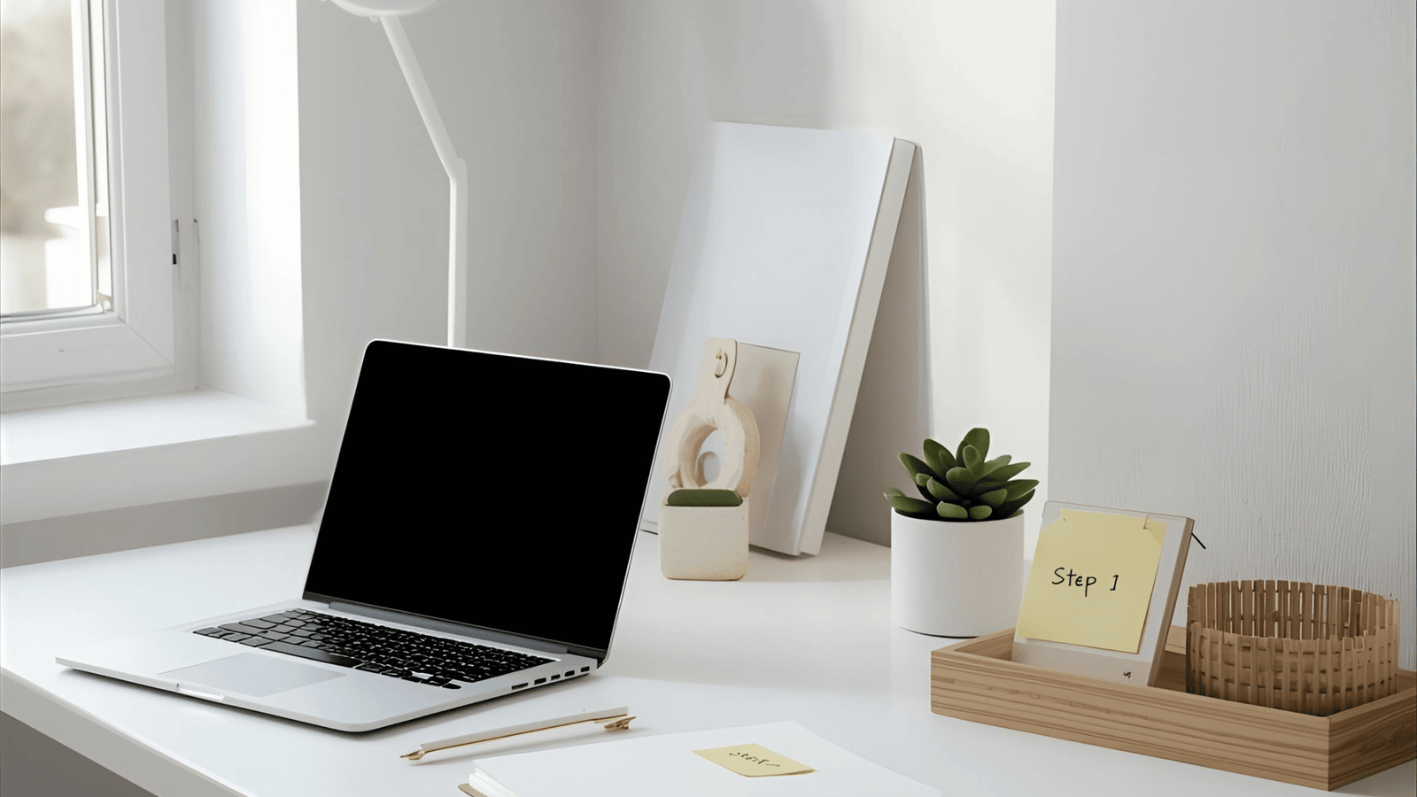 a laptop computer sitting on a desk with a note pad